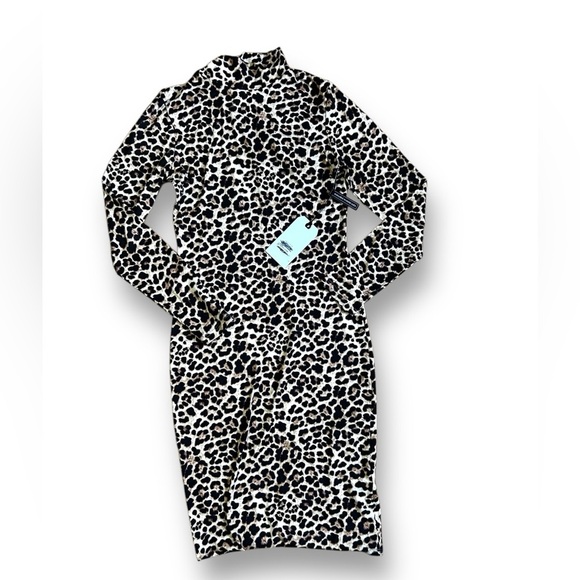 Leith Leopard Print Mock Neck Long Sleeve Bodycon Dress Tan Concord SZ XS - Picture 2 of 9